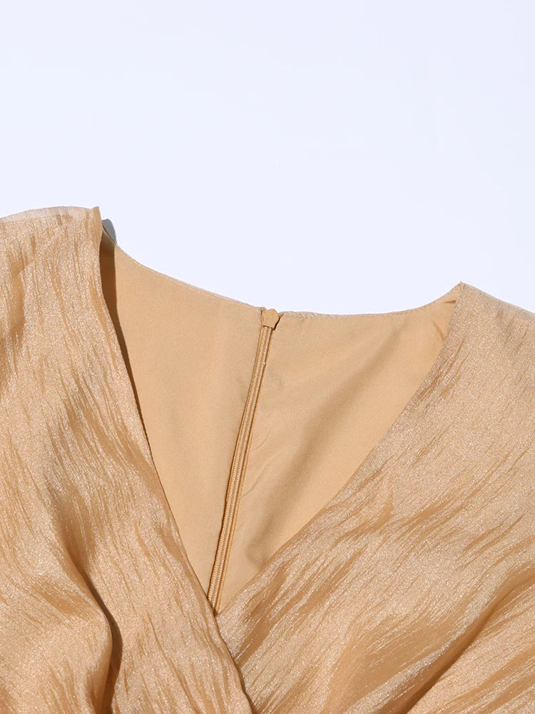 Solid Spliced Lace Up Elegant Dresses For Women V Neck Lantern Sleeve High Waist Patchwork Zipper Long Dress Female Fashion