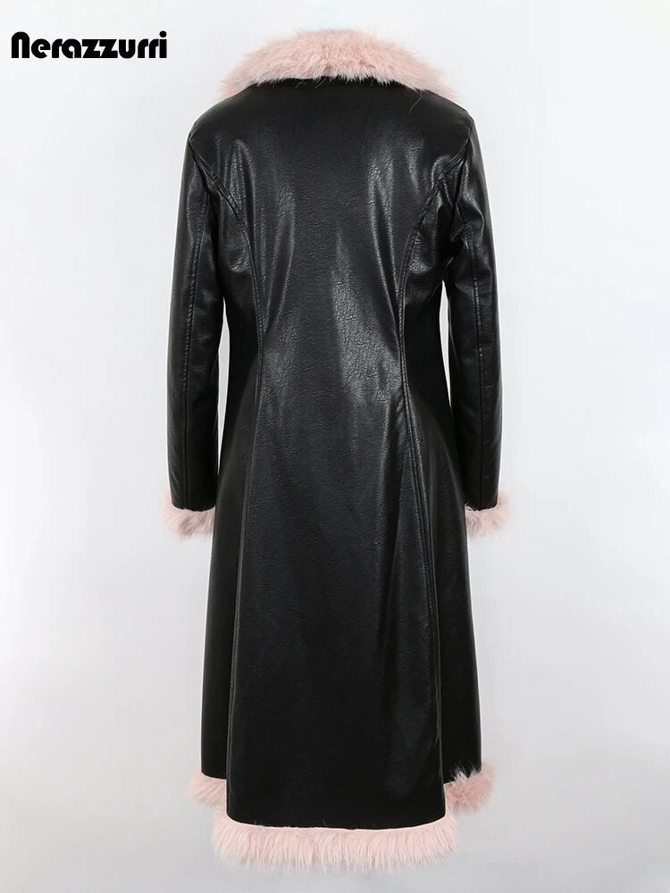Winter Long Black Fitted Thick Warm Pu Leather Coat Women with Pink Hairy Shaggy Fluffy Faux Fur Inside Runway Parka