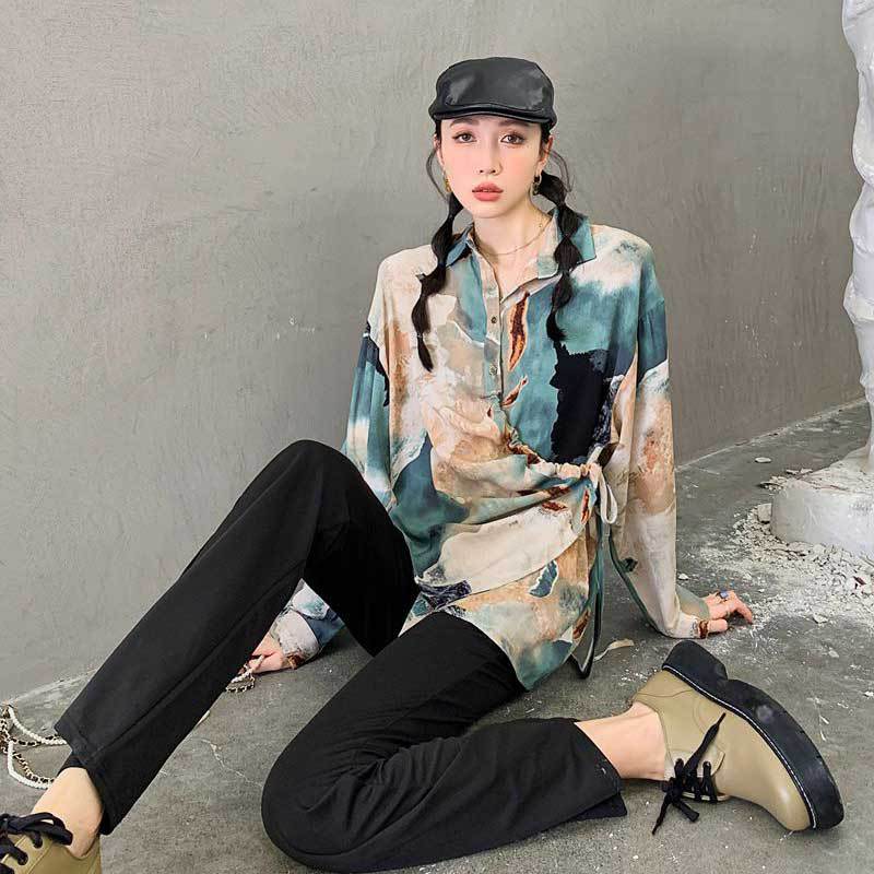 Printing Shirts for Women  New Fashion Vintage Long Sleeve Blouses Asymmetrical Lace Up Button Down Casual Tops