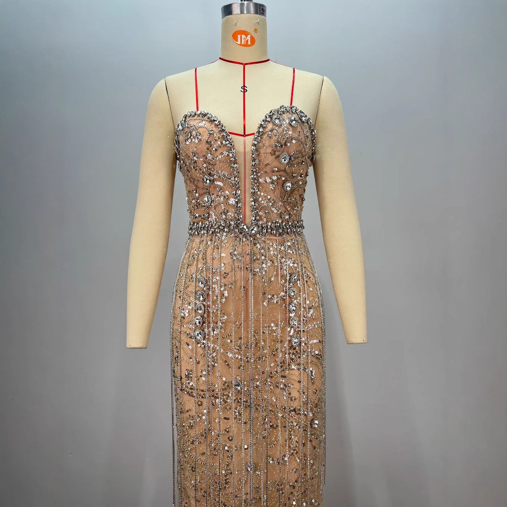 Shiny Rhinestone Sequin Strapless Dress  Female Party Evening Gown