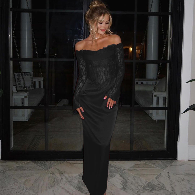 Sexy slim fit one shoulder lace patchwork dress for women