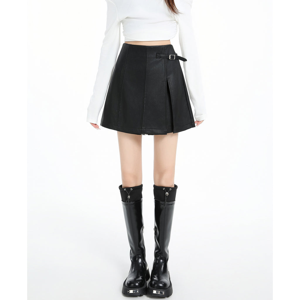 Vintage Brown PU Leather Skirt Pants for Women High Waist Slimming A-Line Wide Leg Pants Casual Style