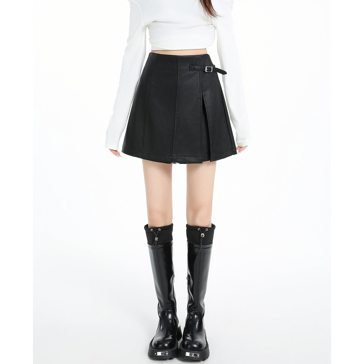 Vintage Brown PU Leather Skirt Pants for Women High Waist Slimming A-Line Wide Leg Pants Casual Style