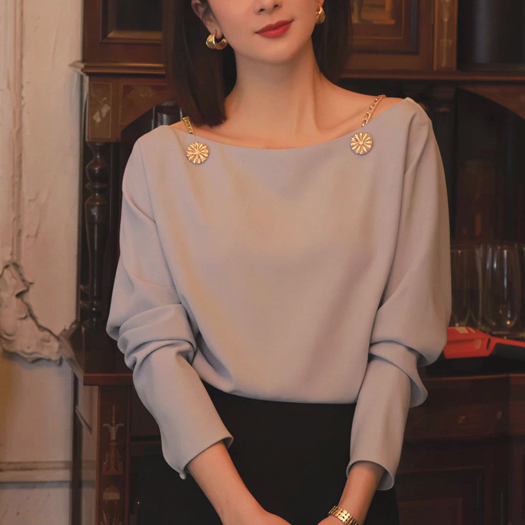 Elegant One-Shoulder Metal Chain Design Long Sleeve T-Shirt Women's Top