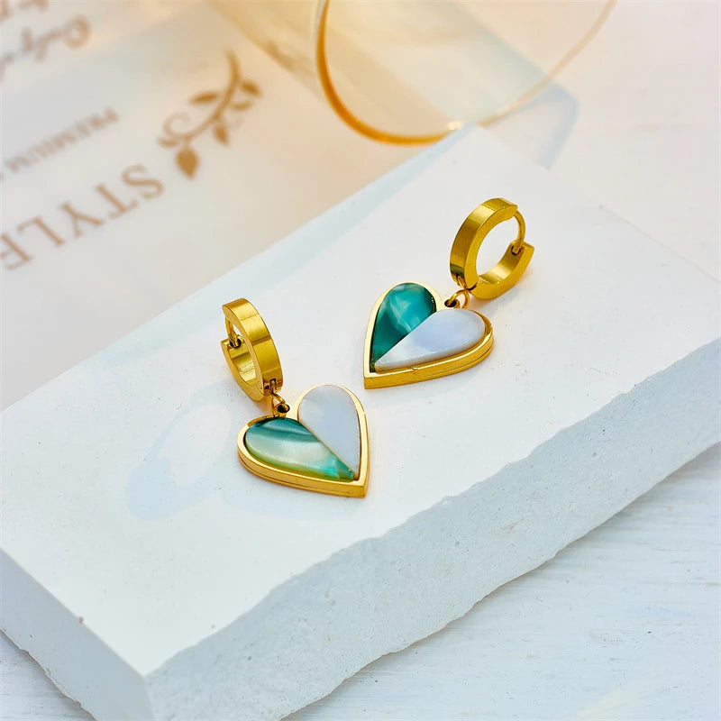 Stainless Steel  Gold Plated New Green Heart Acrylic Statement Earrings For Women Female Party Gift Brincos
