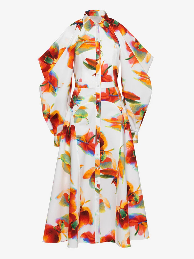 Colorblock Printing Casual Dresses For Women Lapel Long Sleeve High Waist Spliced Button Hollow Out Elegant Dress Female New