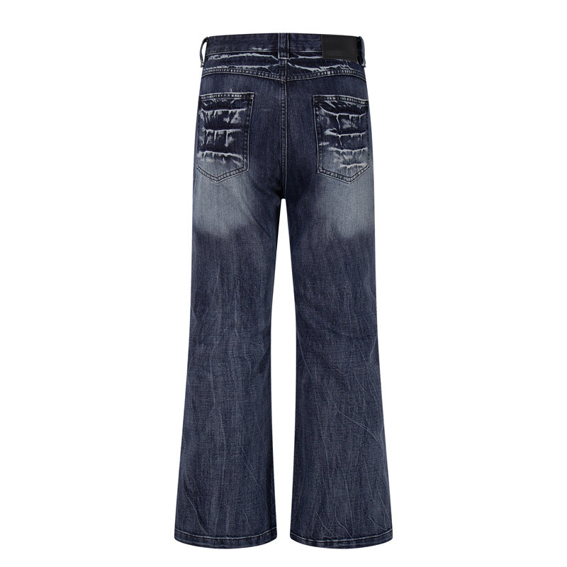 Retro Washed Lightning Pattern Men's Long Pants, INS Autumn Trendy Streetwear, Cool and Versatile Slightly Flared Jeans