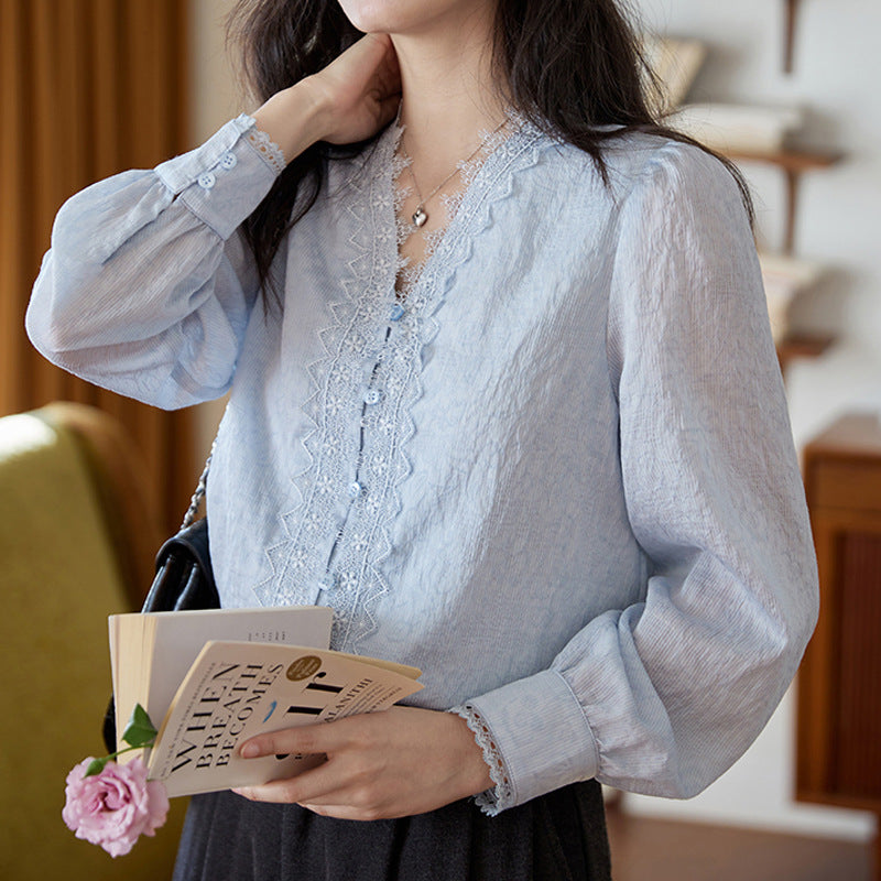 Blue V-Neck Lace Embroidered Long Sleeve Shirt Women  Vintage Elegant Commute Top