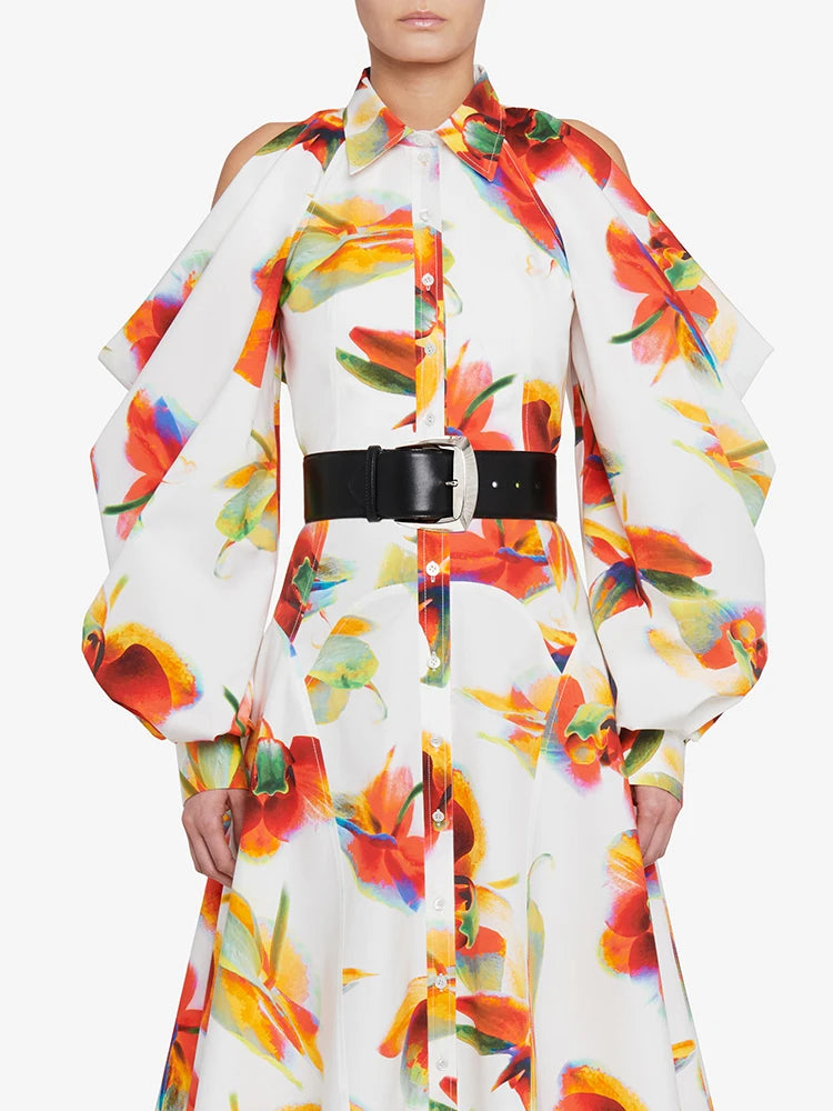 Colorblock Printing Casual Dresses For Women Lapel Long Sleeve High Waist Spliced Button Hollow Out Elegant Dress Female New