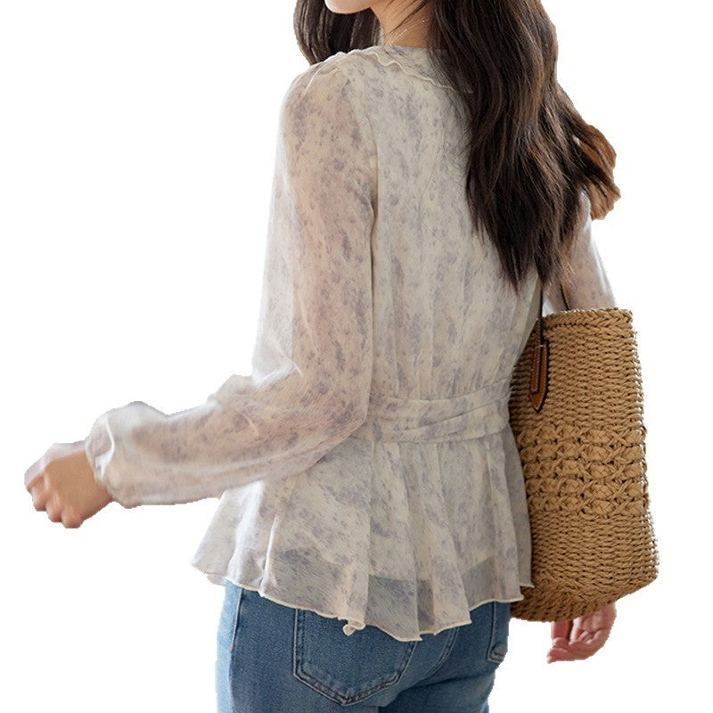 Blue Printed Ruffle Tie-Back Long Sleeve Shirt for Women Vintage Fitted Slim Fit Top