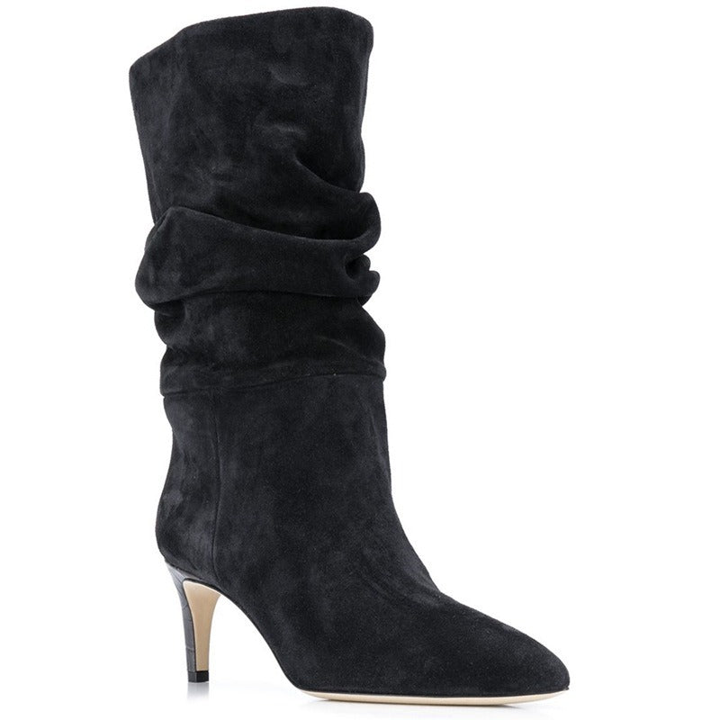 Women Fold Over Boots Pointed Toe Handmade Female Fashion Mid-Calf Boots Snake Microfiber High Boots Party Shoes