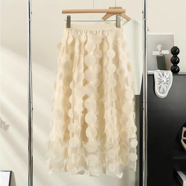 Fashionable Polka Dot Tulle Skirt for Women High Street Patchwork A Line High Waist Midi Long Mesh Skirt Female PinK