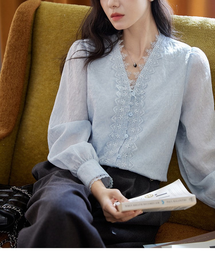 Blue V-Neck Lace Embroidered Long Sleeve Shirt Women  Vintage Elegant Commute Top