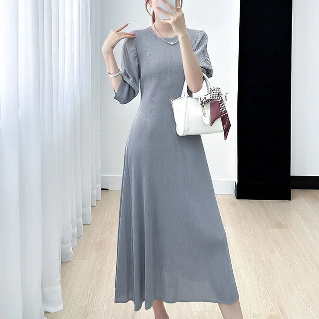 Pleated Dress Women Lantern Sleeve Solid Color Round Collar A Line Loose New Medium Long Elegant Female