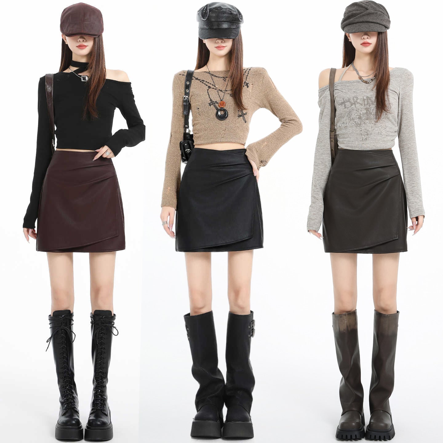Irregular Pleated PU Leather Skirt Women High Waist Slim Fit Bodycon A-Line Mini Skirt
