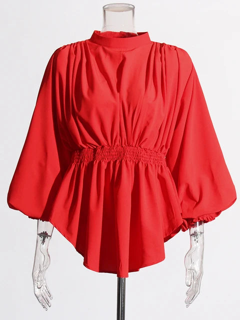 Solid Casual Loose Shirts For Women Round Neck Puff Sleeve Tunic Patchwork Folds Temperament Shirt Female Fashion