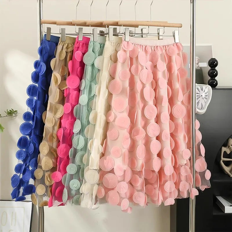 Fashionable Polka Dot Tulle Skirt for Women High Street Patchwork A Line High Waist Midi Long Mesh Skirt Female PinK