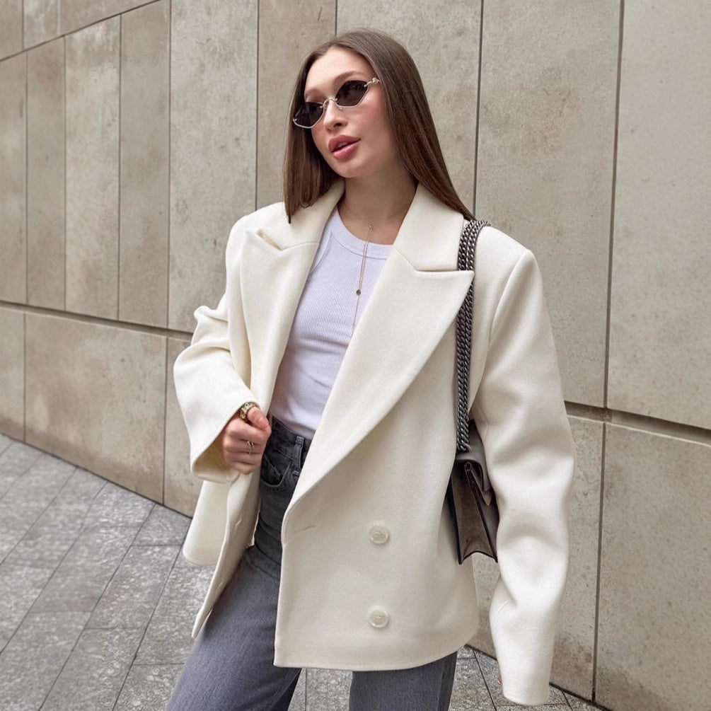 Vintage Preppy Style Beige Wool Blazer for Women, Notch Lapel, Mid-Length, Loose Fit, Double-Breasted Suit