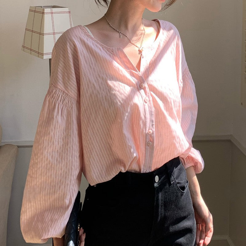 Strawberry Special~ Handmade Linen Cotton Small V-Neck Forked Gathered Two-Button Lantern Sleeve Shirt