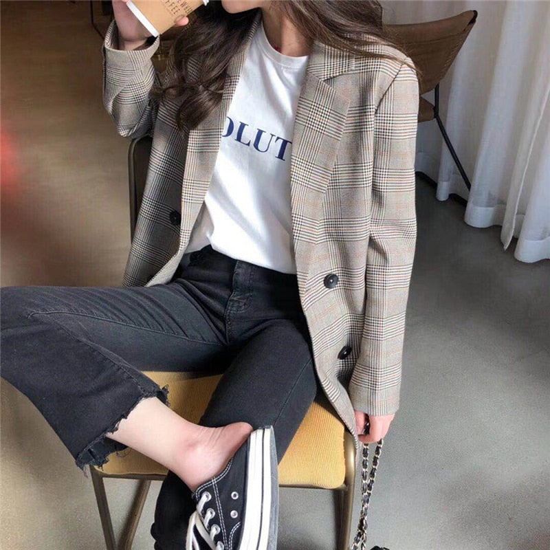 Office Ladies Notched Collar Plaid Women Blazer Double Breasted Autumn Jacket Casual Pockets Female Suits Coat