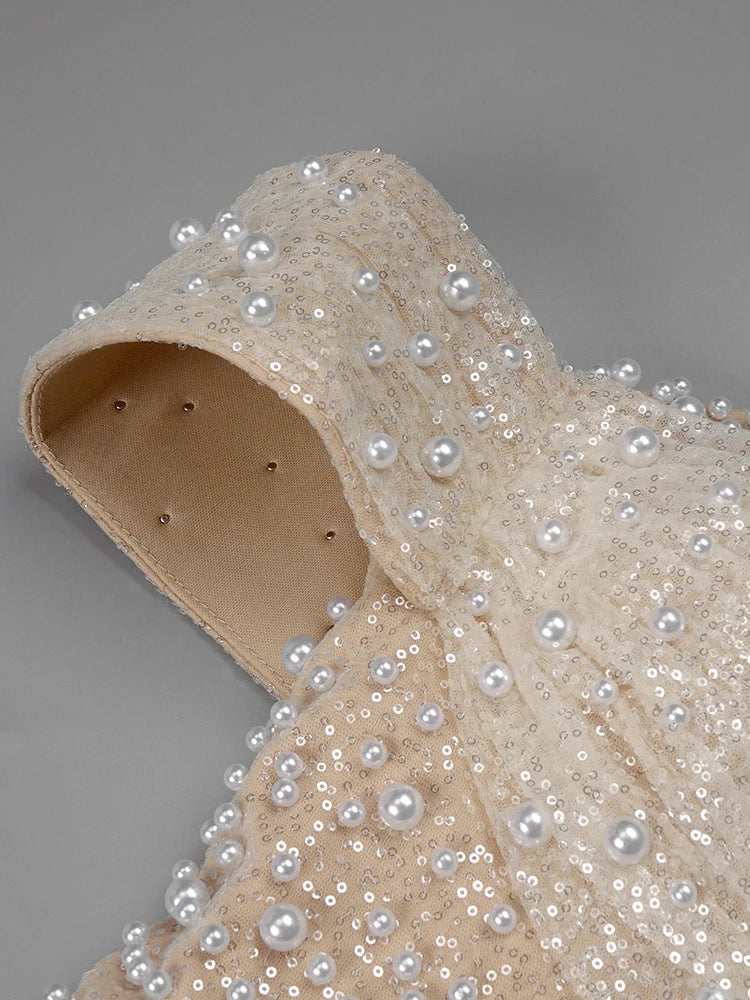 Women Elegant Off Shoulder Short Sleeves Pearl Sequins Design Sparkling Maxi Long Gown