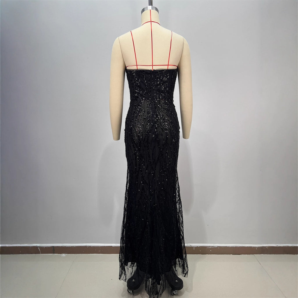 Shiny Sequin Evening Dress Long V-neck Waist-tightening Fitted Dress Mermaid Long Dress Women