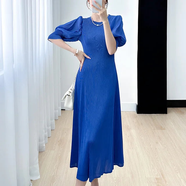Pleated Dress Women Lantern Sleeve Solid Color Round Collar A Line Loose New Medium Long Elegant Female