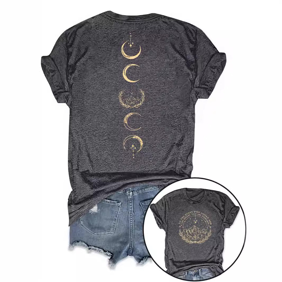Moon pattern round neck short sleeved shirt