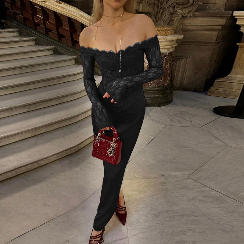 Sexy slim fit one shoulder lace patchwork dress for women