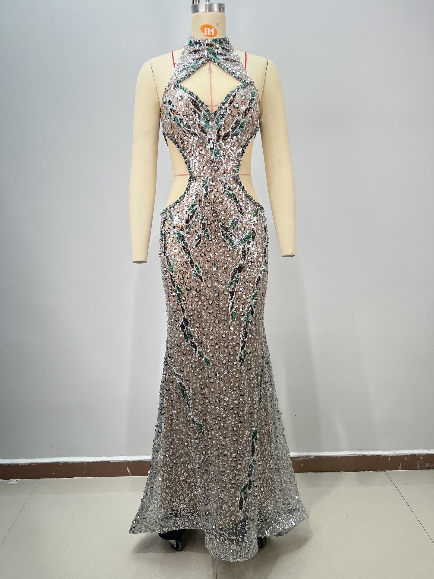 Colorful Diamond Decorated Fitted Round Neck Halter Bodycon Party Dress