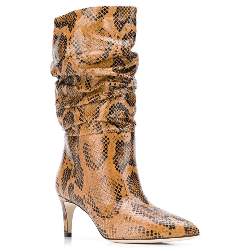 Women Fold Over Boots Pointed Toe Handmade Female Fashion Mid-Calf Boots Snake Microfiber High Boots Party Shoes