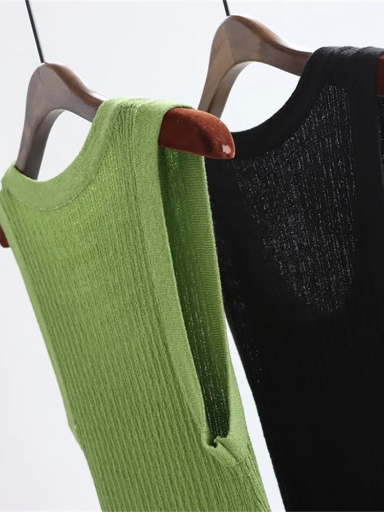 Green or Black Women U Neck Ruffles Knit Tank Dress  Spring Summer Female Sleeveless Midi Robes