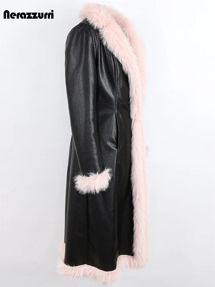 Winter Long Black Fitted Thick Warm Pu Leather Coat Women with Pink Hairy Shaggy Fluffy Faux Fur Inside Runway Parka