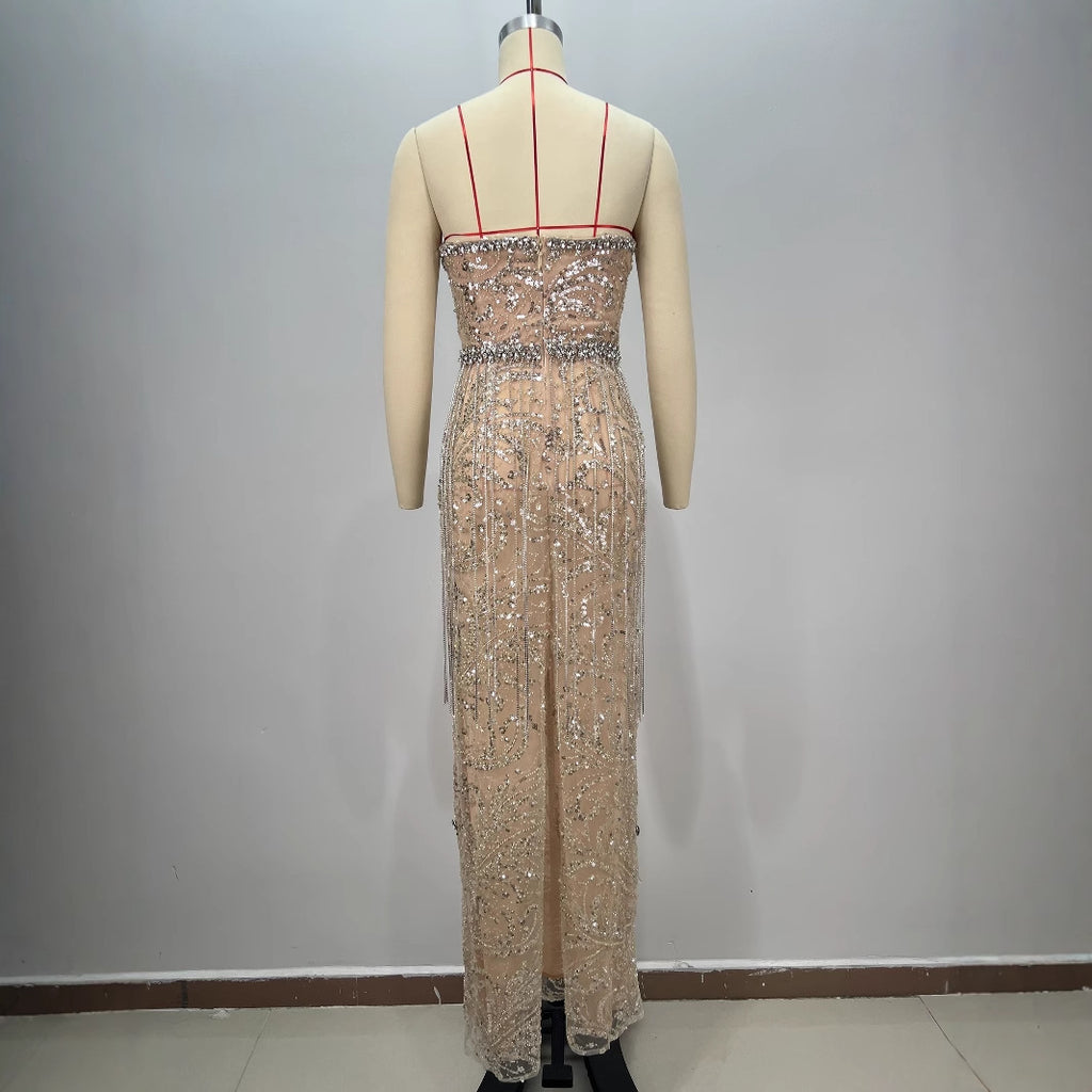 Shiny Rhinestone Sequin Strapless Dress  Female Party Evening Gown