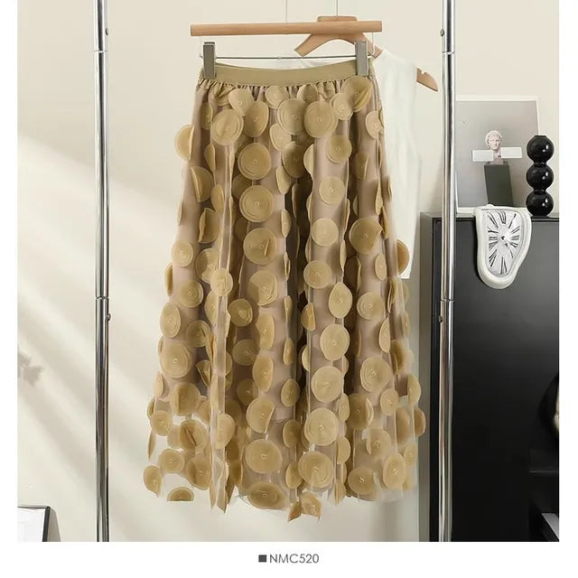 Fashionable Polka Dot Tulle Skirt for Women High Street Patchwork A Line High Waist Midi Long Mesh Skirt Female PinK