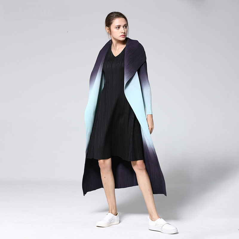 New Fashion Pattern Pleated Leisure Long Sleeve Cardigan Large Lapel Gradient Color Slim Women's Trench Coat