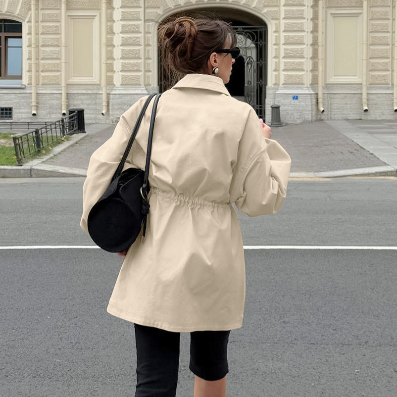 Zipper khaki drawstring waist cinched mid length long sleeved lapel coat