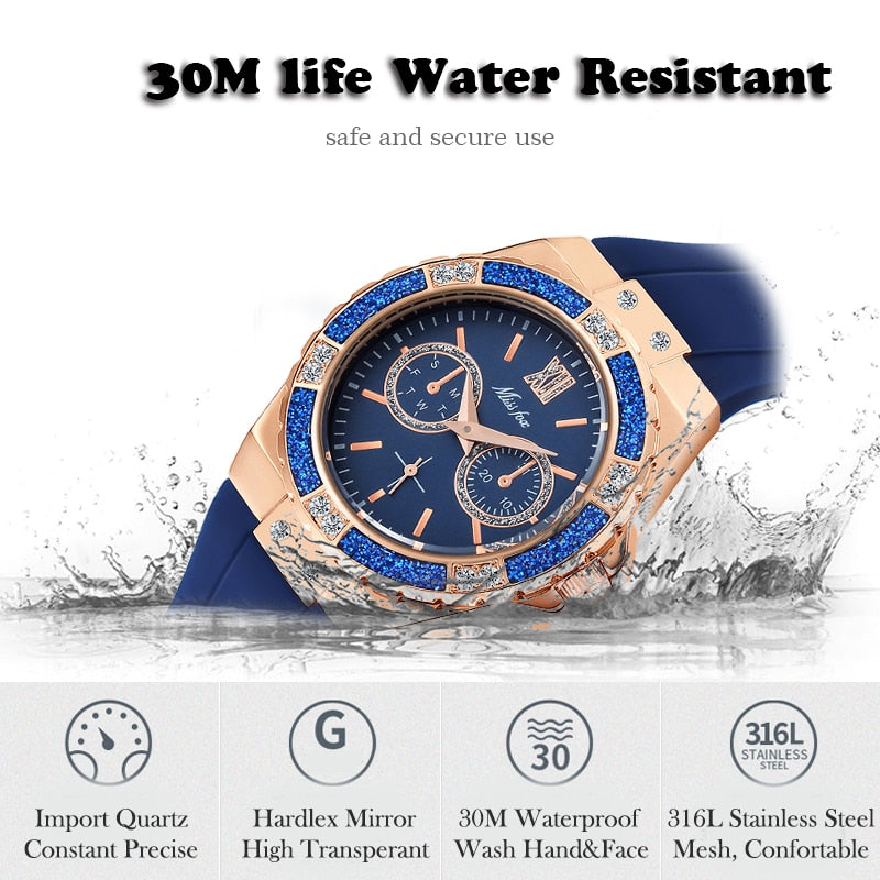 MISSFOX  2593 Women's Watches Chronograph Rose Gold Sport Watch Ladies Diamond Blue Rubber Band Xfcs Analog Female Quartz Wristwatch
