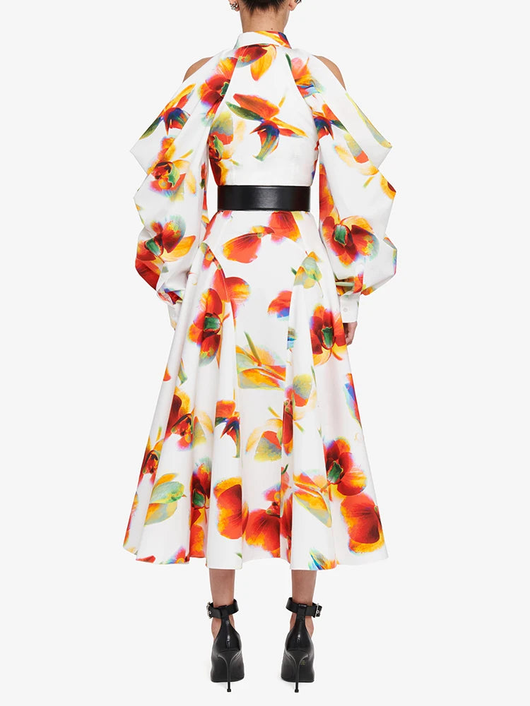 Colorblock Printing Casual Dresses For Women Lapel Long Sleeve High Waist Spliced Button Hollow Out Elegant Dress Female New