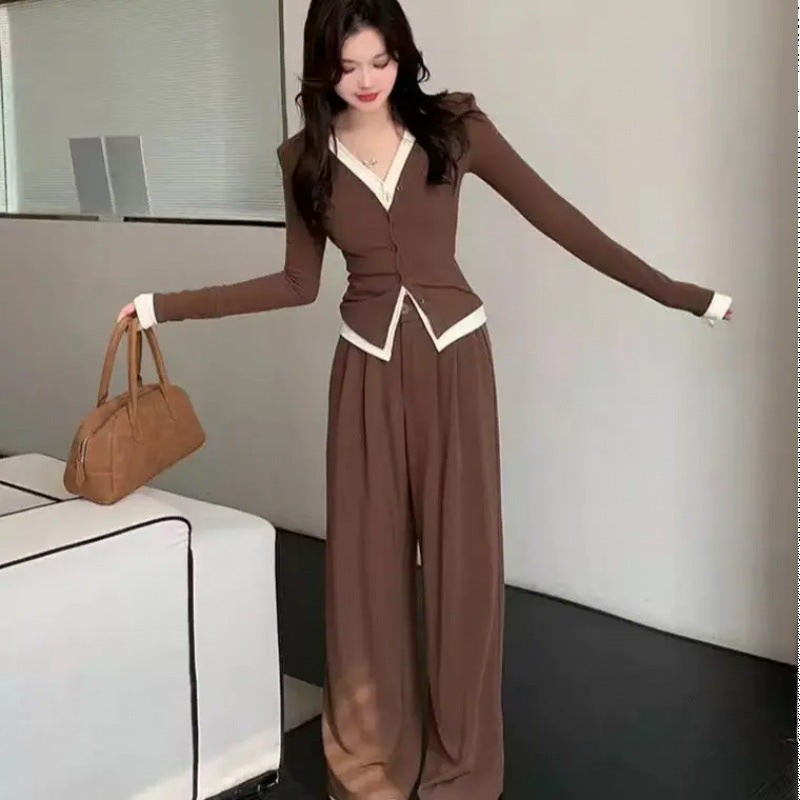 Two-Piece Set with Illusion Two-Piece Design Slimming Top + High-Waisted Slimming Wide-Leg Pants
