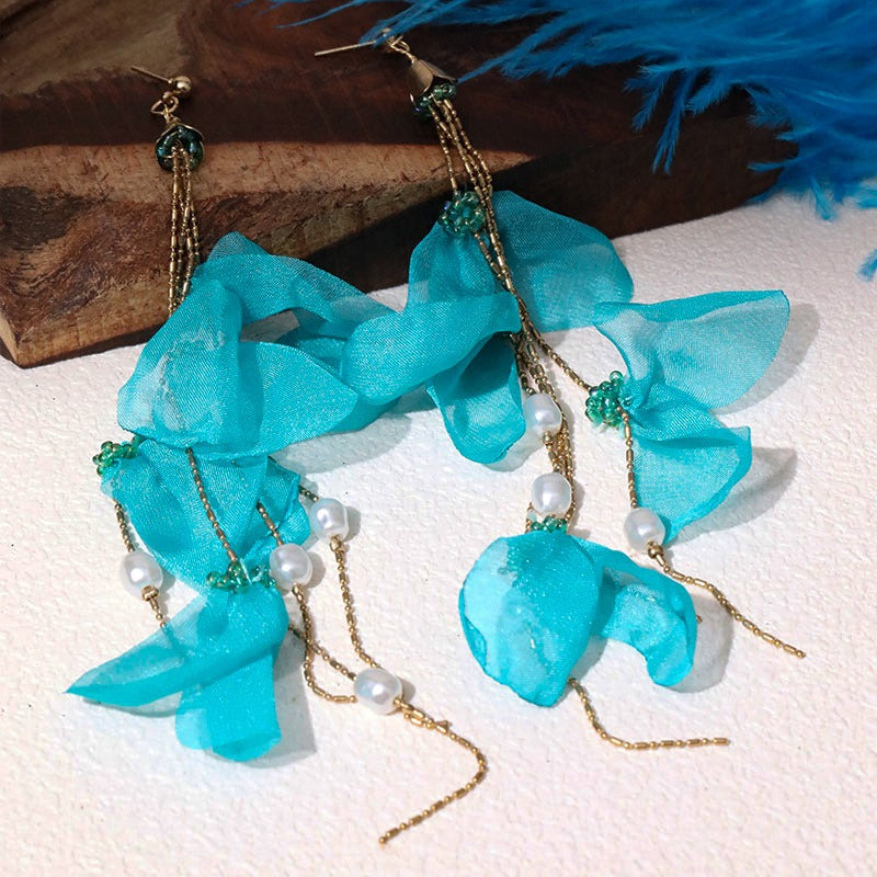 Handmade fabric pearl earrings female super fairy long tassel earrings