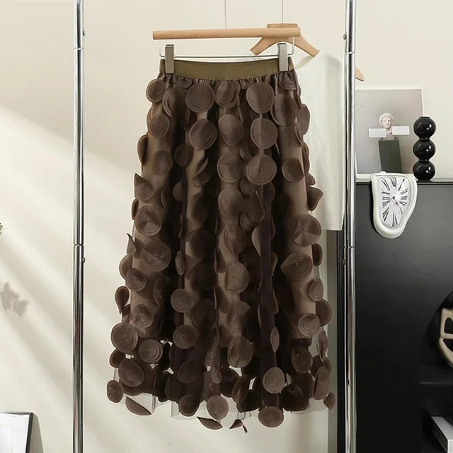 Fashionable Polka Dot Tulle Skirt for Women High Street Patchwork A Line High Waist Midi Long Mesh Skirt Female PinK