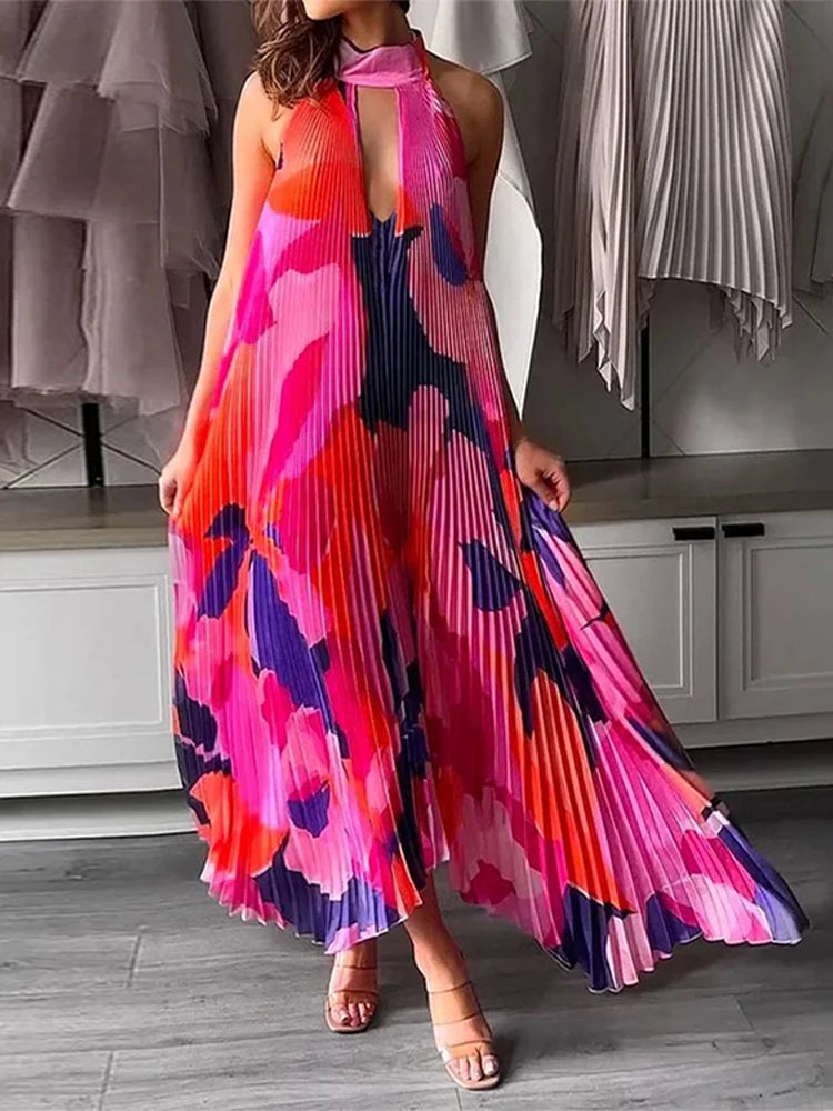 Sexy Pleated Print Halter Dress Women Loose V-neck Sleeveless Backless Irregular Ruffle Female Dresses Summer Ladies Robe