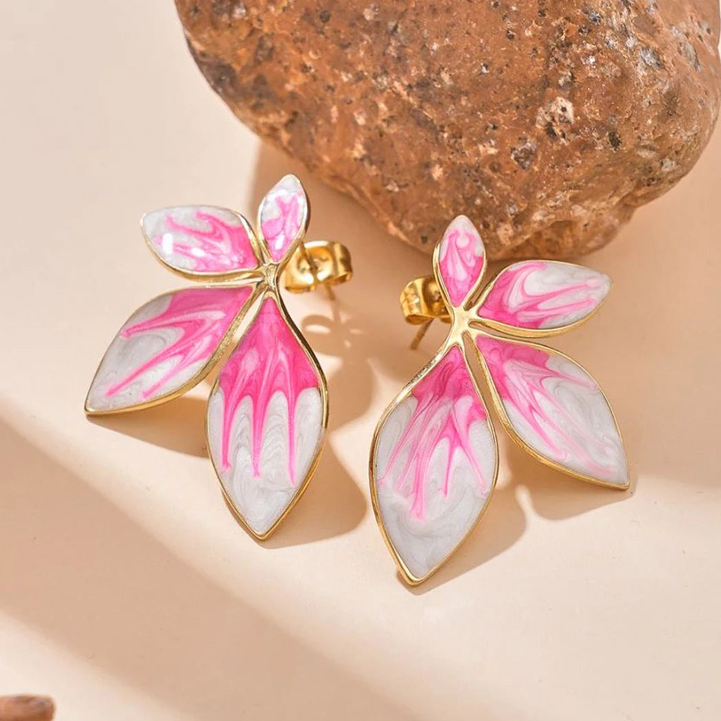 Stainless Steel Stud for Women Girl Pink Purple Leaf Trendy Unique New Arrival Earrings Party Gift