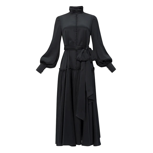 Patchwork Lace Up Solid Elegant Dresses For Women Turtleneck Lantern Sleeve High Waist Temperament Dress Female Fashion New