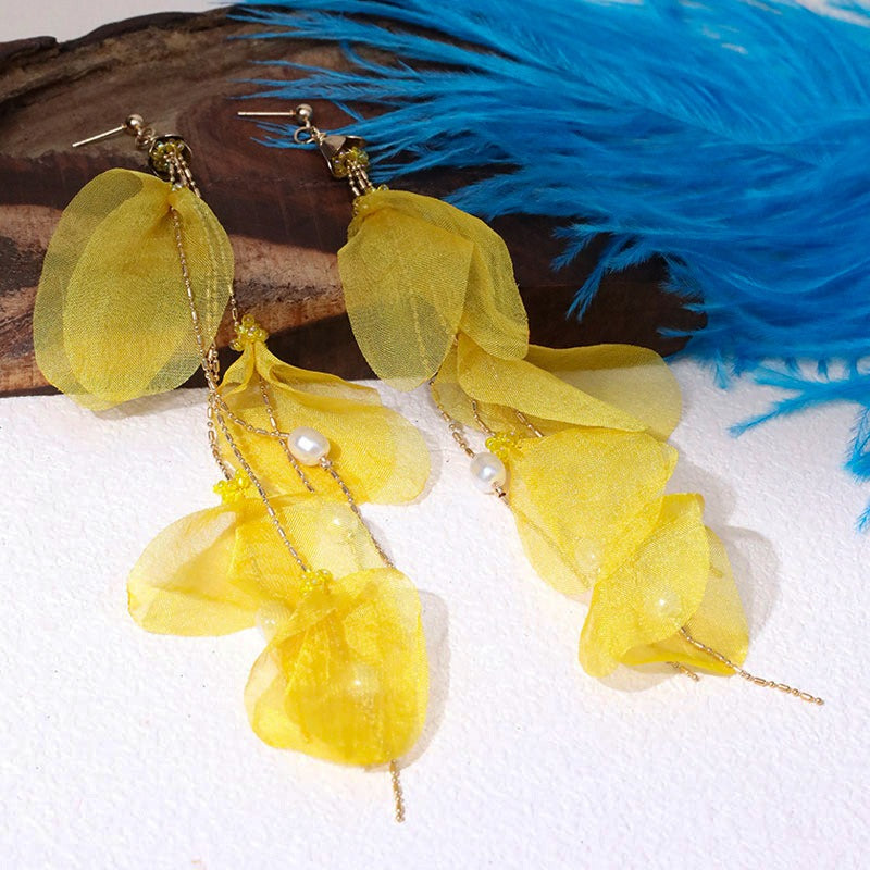 Handmade fabric pearl earrings female super fairy long tassel earrings