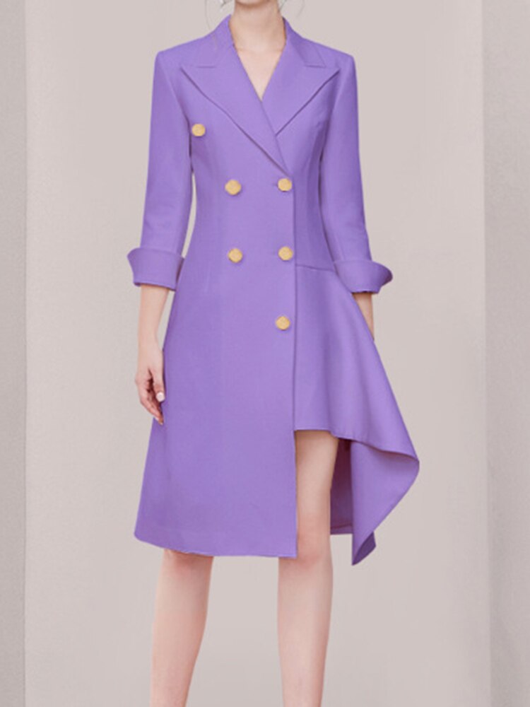 Fashion Women's Suit Dress Purple Irregular Notched Collar Double Breasted Mid-calf Dresses Female Autumn
