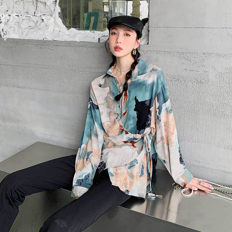 Printing Shirts for Women  New Fashion Vintage Long Sleeve Blouses Asymmetrical Lace Up Button Down Casual Tops