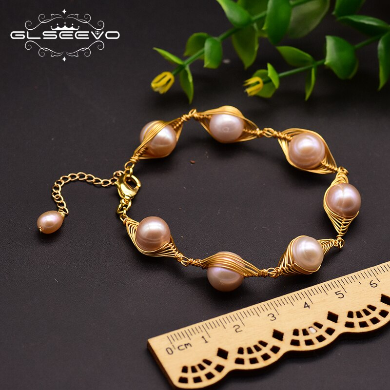 GLSEEVO Handmade Natural Fresh Water Pink Pearl Adjustable Cufflinks Bracelet For Women Party Jewelry Bransoletki Damskie GB0123