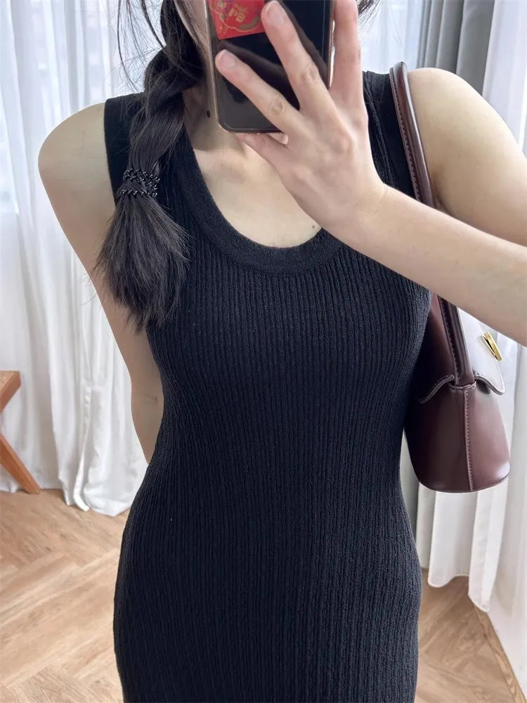 Green or Black Women U Neck Ruffles Knit Tank Dress  Spring Summer Female Sleeveless Midi Robes